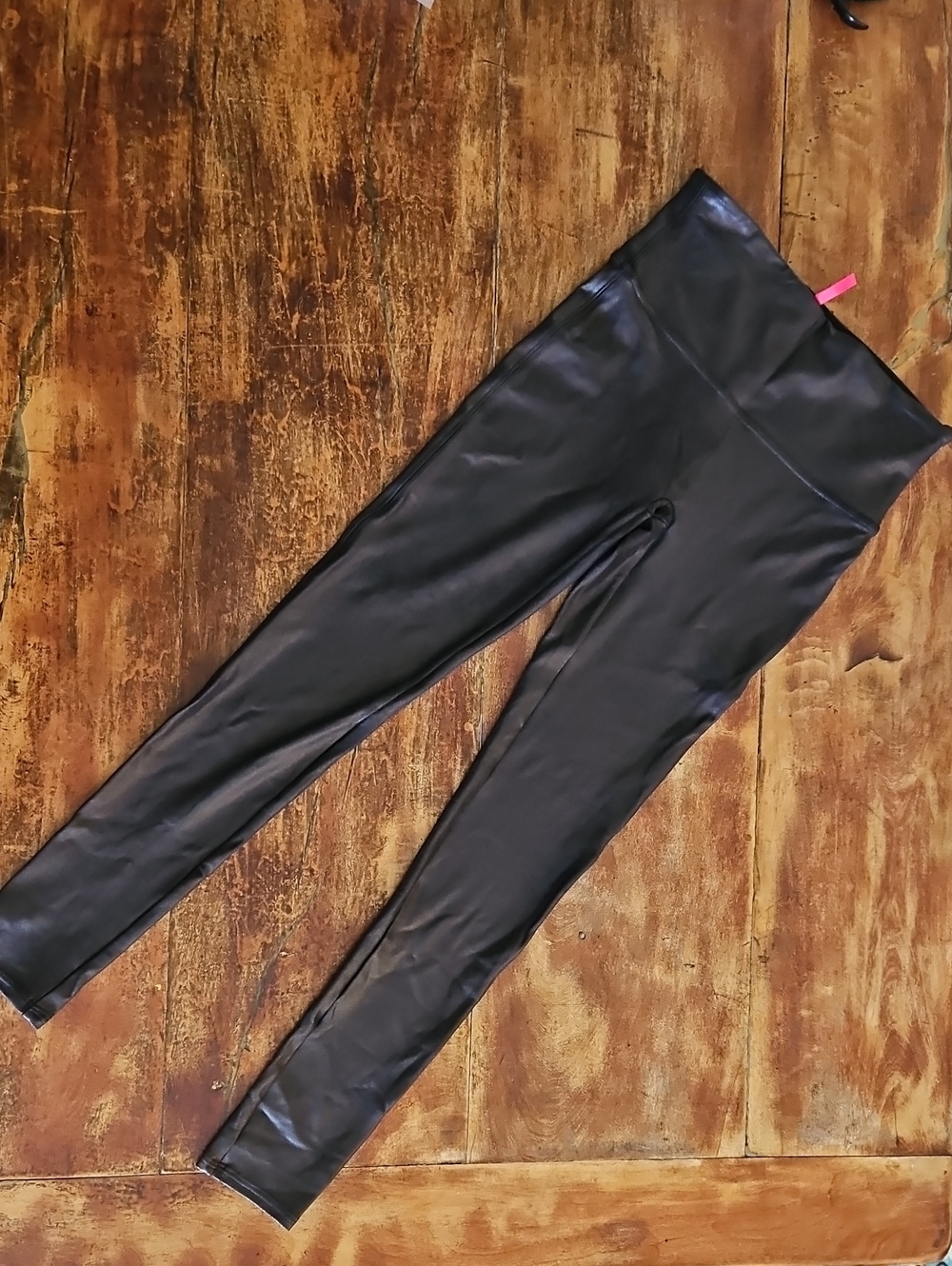 SPANX Faux Leather Black Leggings with Red Brand Tag